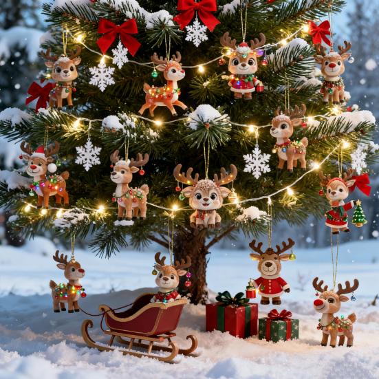 Yousheng Wooden Christmas Reindeer Ornament Cute Cartoon Deer Tree Decoration Handcrafted Festive Hanging Decor for Xmas Home Party