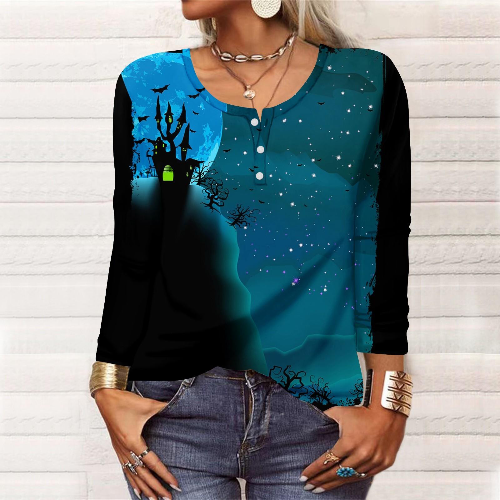 

Рубашки с длинным рукавом для женщин, Хэллоуин с рисунком и графическим принтом, футболки, блузки, повседневные базовые топы больших размеров, пуловер XXL