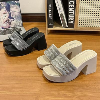 Fashion Thick-soled Heightening One-word Slippers for Women's Outer Wear 2024 Spring and Summer New Small Thick-heeled Square-headed Rhinestone Sanda