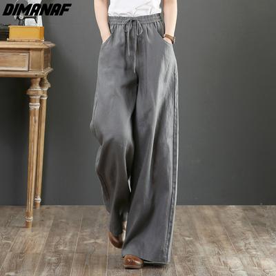 DIMANAF Plus Size 2021 Women Linen Pants Elastic Vintage Korea Summer Basic Female Stripe Fashion Slacks Wide Leg Oversize Loose Pants