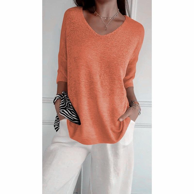 Women V Neck 3/4 Sleeve Loose Knit Top Solid Color Casual Lightweight Pullover Blouse
