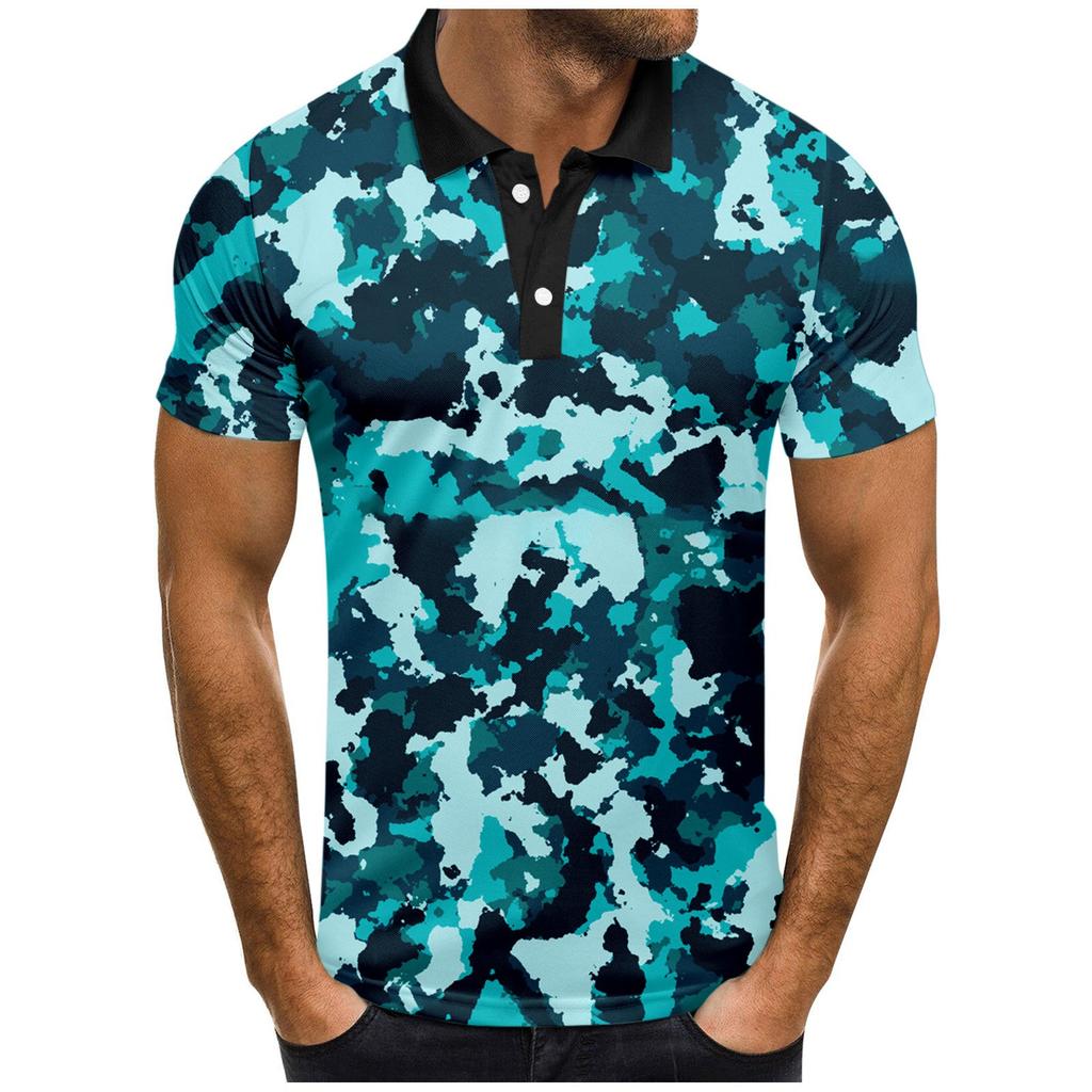 Pánská móda ležérní trička s krátkým rukávem, maskáčová, s potištěnou klopou