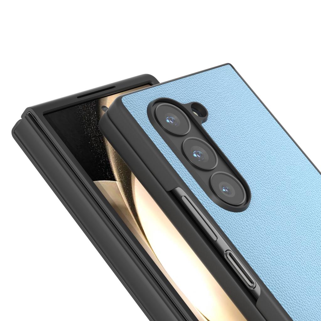 For Samsung Galaxy Z Fold6 5G Case Genuine Cow Leather PC Phone Cover Black Edge