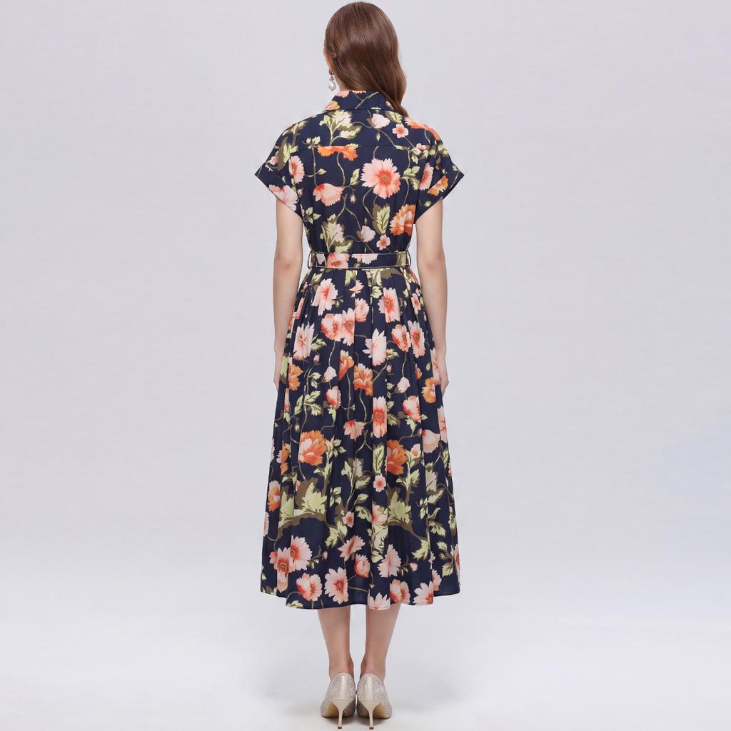 Summer Floral Print Shirt Dress for Women Short Sleeve Maxi Sundress with Lapel Neck Buttons Vintage Fashion Belted Robe
