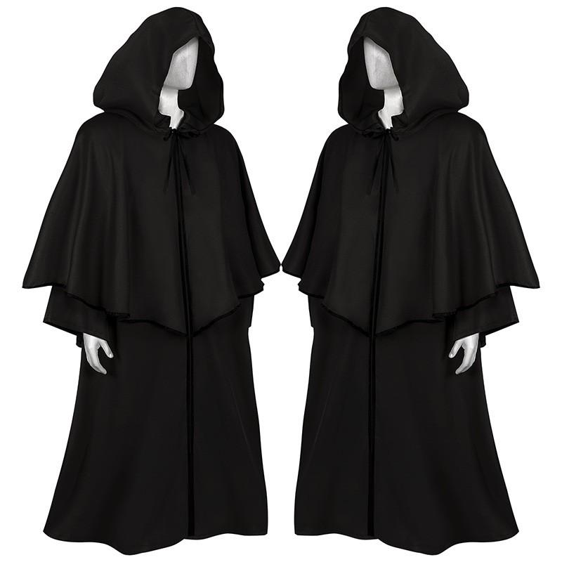 Halloween Hooded Cloak Medieval Cosplay Robe Dark Wizard Death Long Sleeve Costume