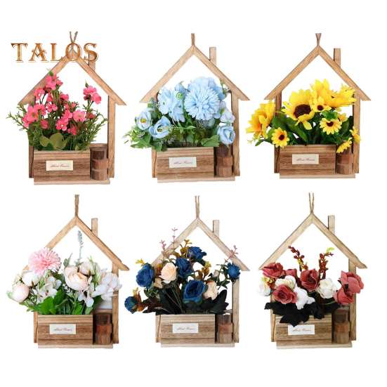 Hölzerner Wandpflanzkasten mit künstlichen Blumen, eingetopften künstlichen Blumen, Heimwanddeko, künstlichen Topfpflanzen für Garten, Terrasse, Wohnzimmer, Schlafzimmerdekoration