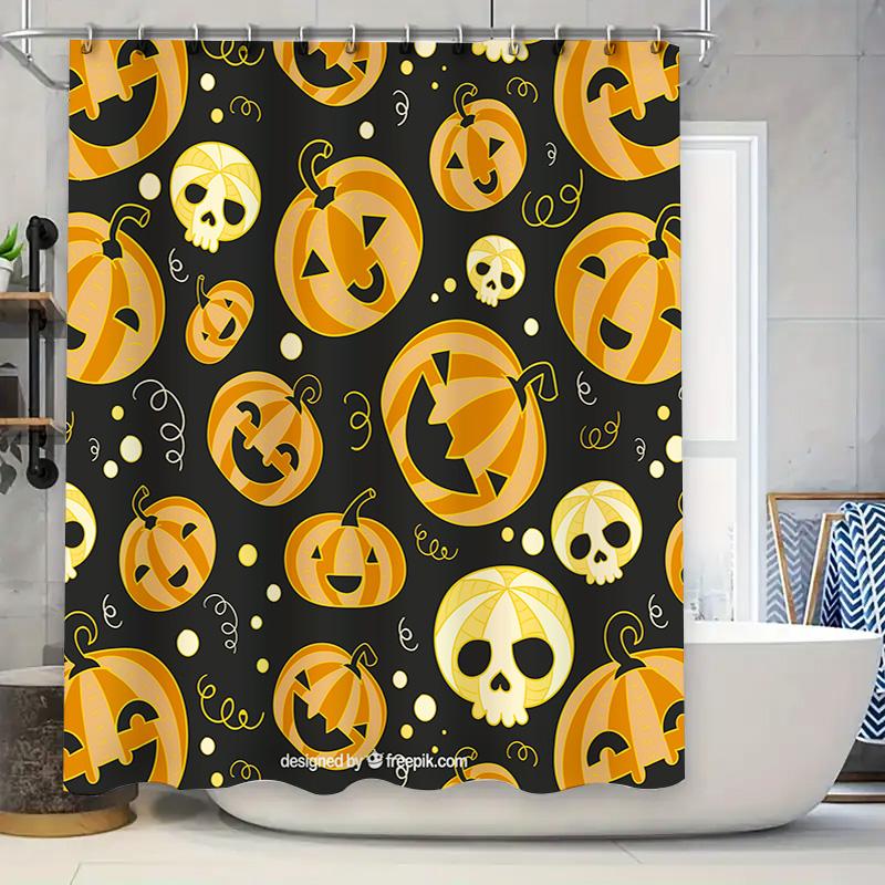Spooky Halloween DecorPumpkin Jack Skellington Skull Shining In the Dark Bat Waving Curtain Set for Your Bathroom Decoration