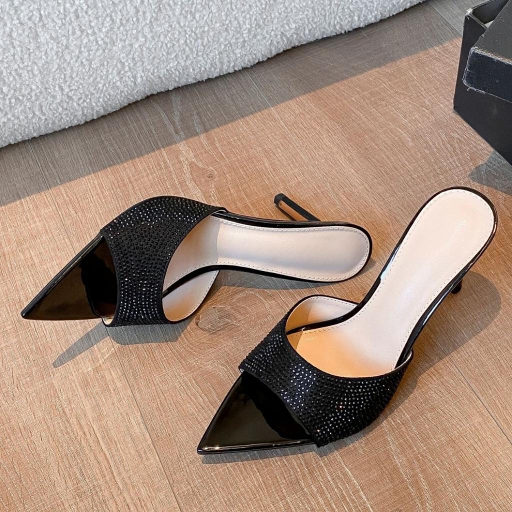 2025 summer European and American sexy black high-heeled sandals women pointed thin heel with rhinestone high-heeled sandals outside