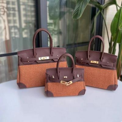 New Cowhide With Canvas Woolen Platinum Bag Color Blocking And Contrasting Cowhide Handbag Diagonal Cross Fashion Women's Bag