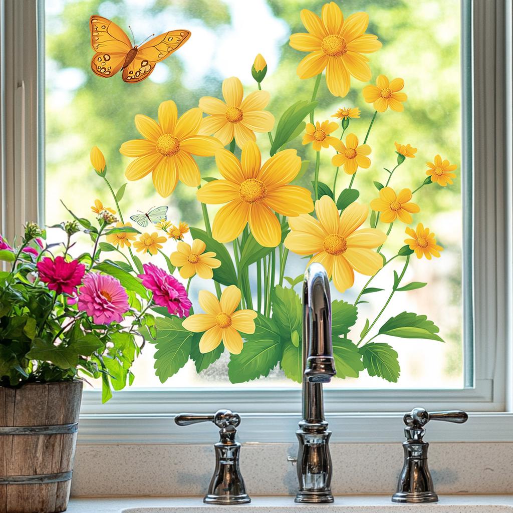 Helt transparenta handmålade gula prästkrage fjäril fönsterdekaler för vardagsrum balkong glasdekoration