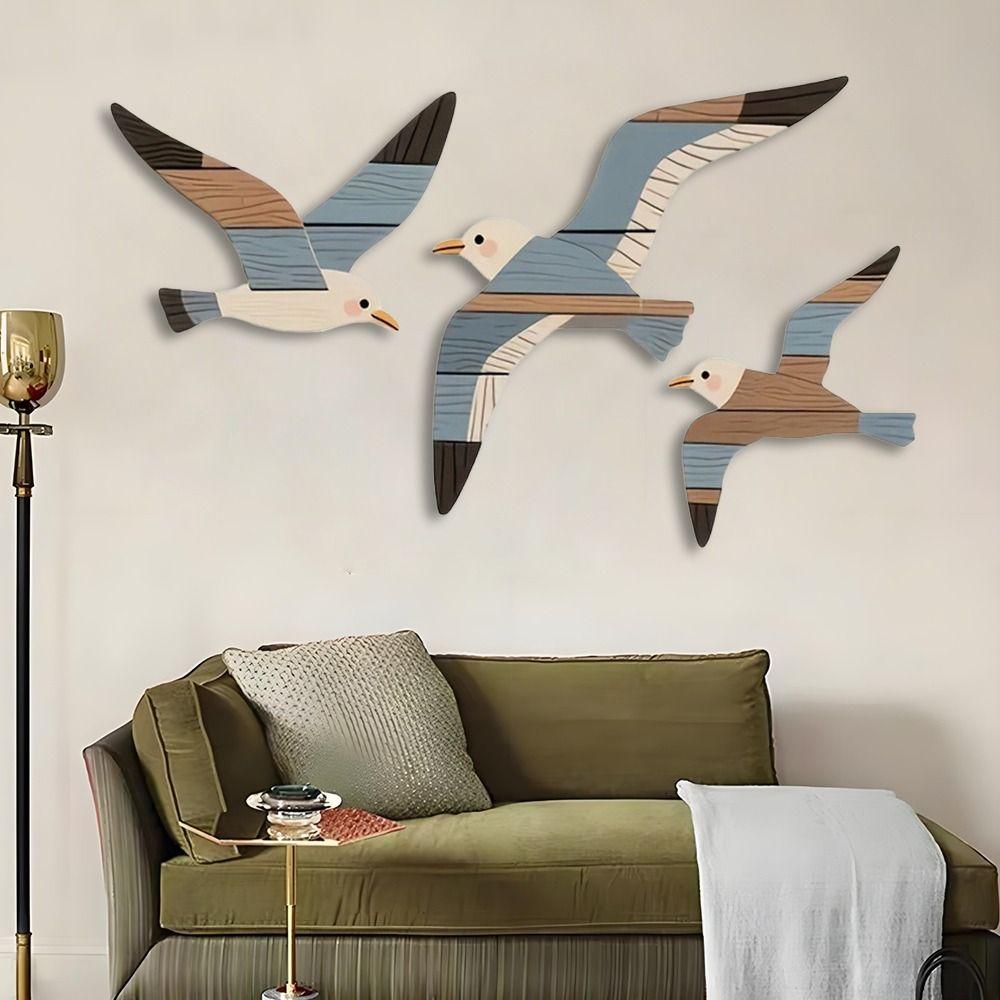 Vintage 3PCS Set Seagull Wall Decorations Wooden Coast Theme Wall Art Handcrafted Marine Bird Decor Home Decoration