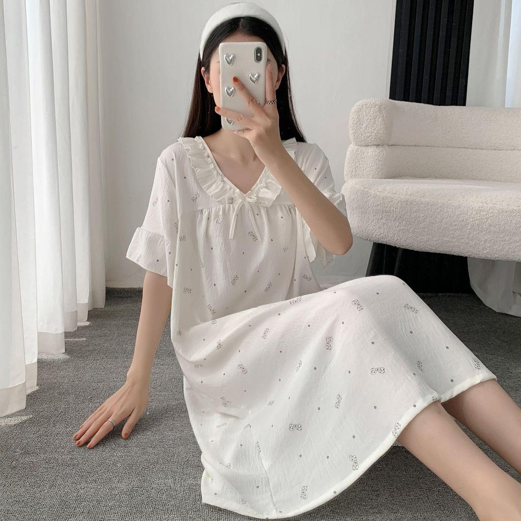Cloud Cotton Summer Pajama Dress - Women's Short Sleeve Sweet Girl Print Homewear