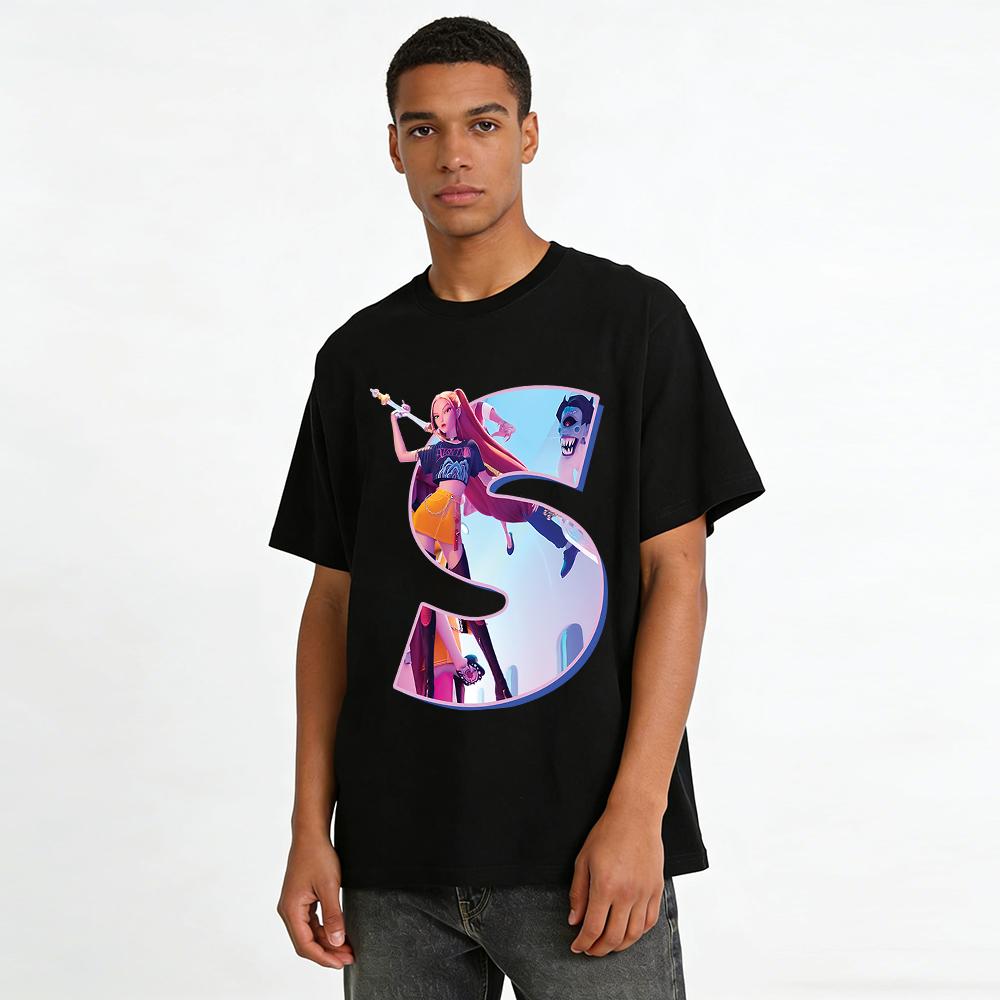 Trendy Anime Sword Girl Print T-Shirt Casual Loose Streetwear Unisex Graphic Tee Pure cotton T-shirt