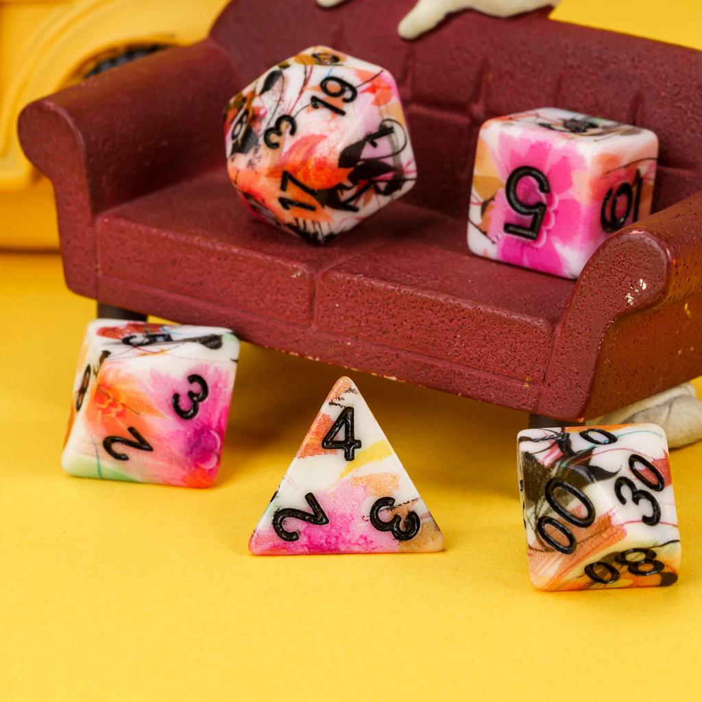 Cusdie Flower Printed DND Dices Multicolored D4-D20 Resin Polyhedral Dice Set for Dungeons and Dragons Role Playing Board Games