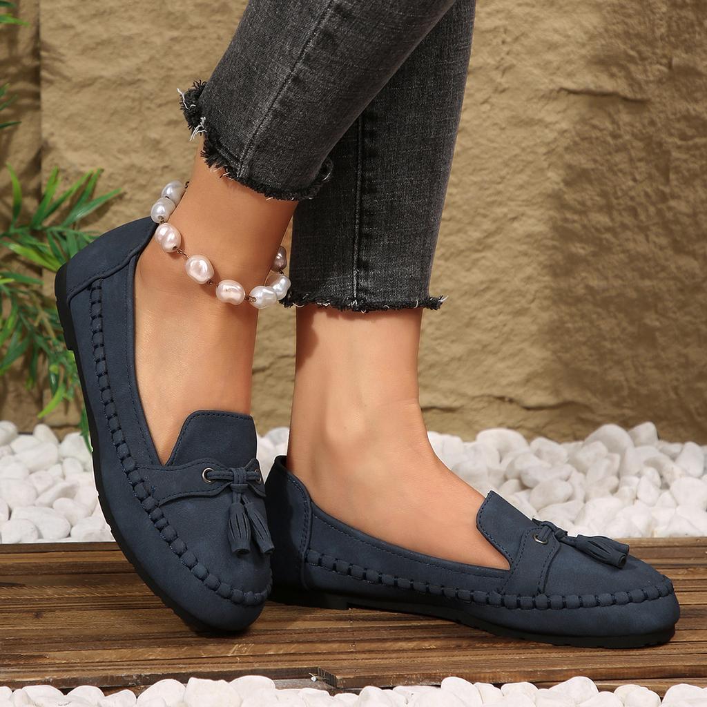 Foreign trade large-size single shoes, new solid-color stitched women's flat-soled loafers in the summer of 2025, one pedal Doudou shoes