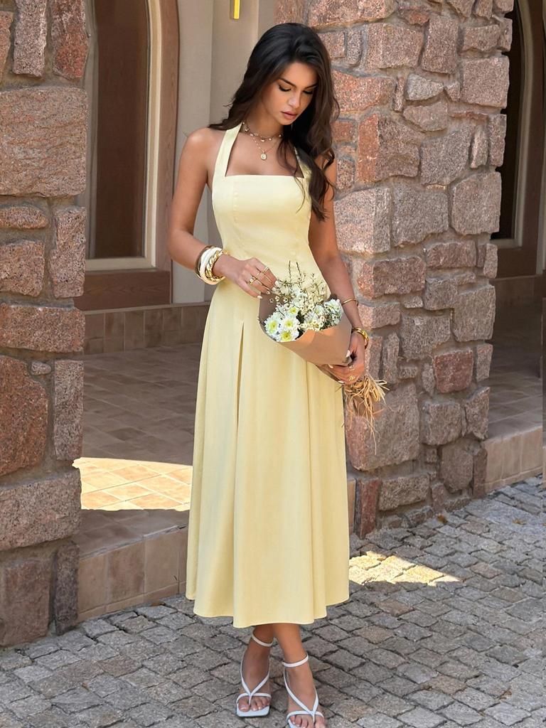 Womens' Spring/Summer 2026 Casual European & American Halter Neck Waist-Cinching Solid Color Dress