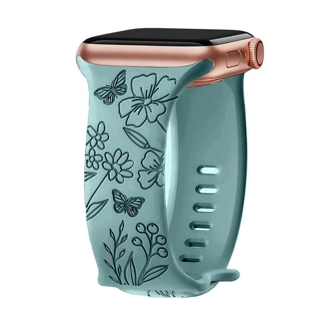 Floral Engraved Strap For Apple Watch Band 40mm 44mm 41mm 49mm 45mm 38mm 42mm Silicone Bracelet Iwatch Series 9 7 Se 6 8 Ultra 2