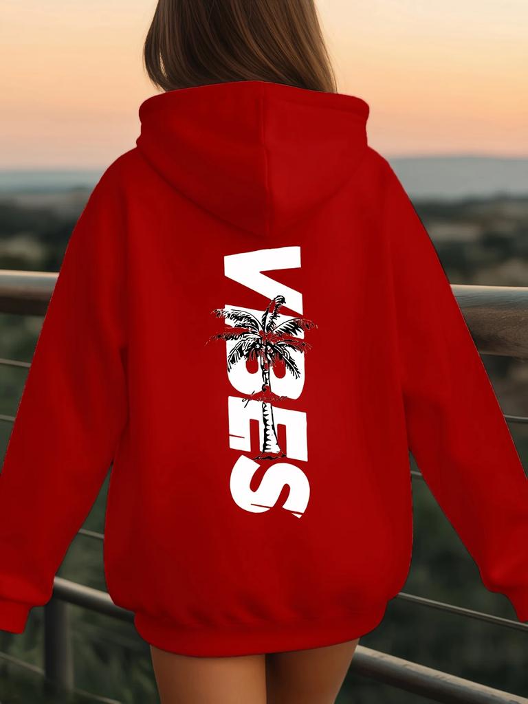 Children Vintage Palm Tree Hoodie Back Side Vibes Letter Print Pullover Autumn Winter Fleece Warm Trendy Kids Hooded Sweatshirt