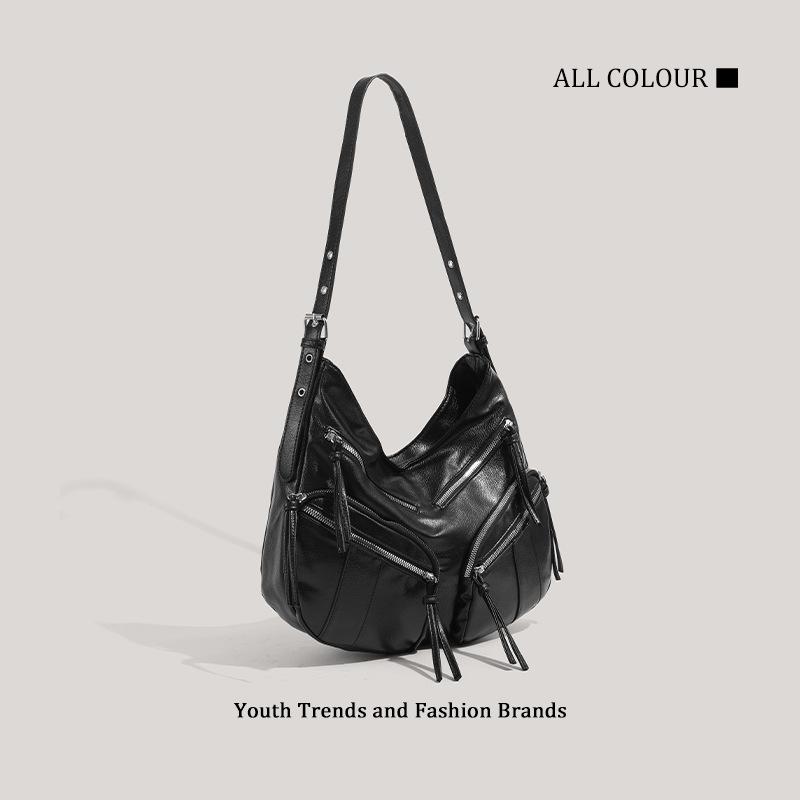New large-capacity soft leather black multi-pocket locomotive bag women's simple and versatile shoulder messenger bag
