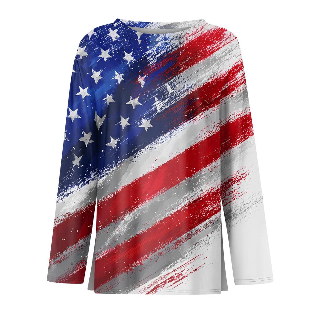 Women's Fashion Long Sleeve Top with Side Split Hem and Round Neckline Featuring Independence Day Print Suitable for Casual Wear