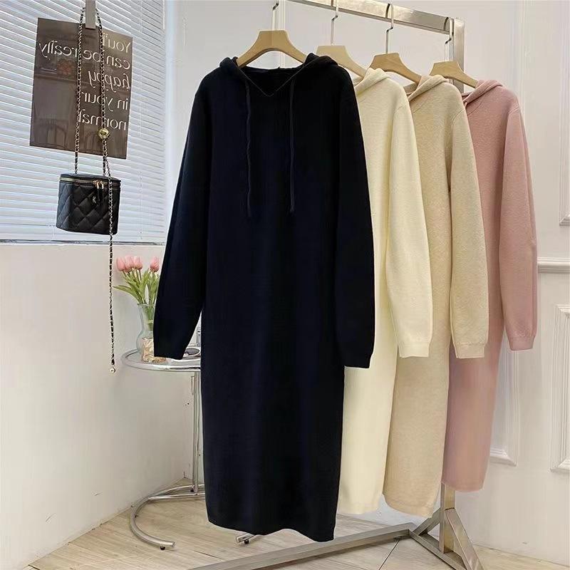 Long Knitted Hooded Dress Women's Loose New Sweater Skirt Autumn and Winter with Coat, Thin Inside