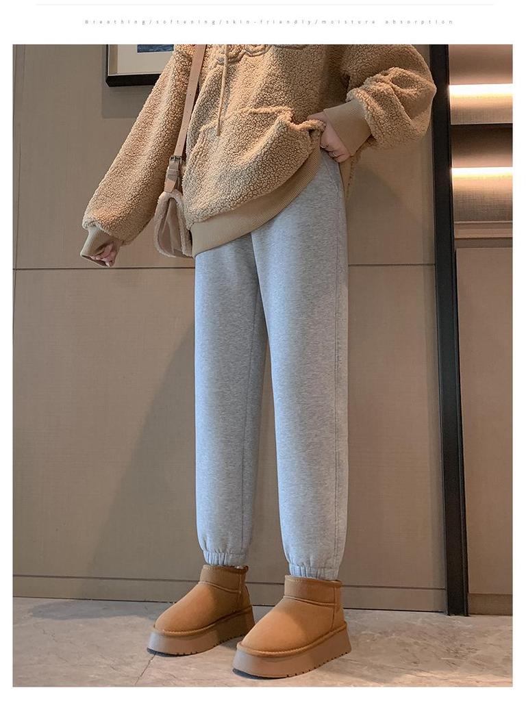 Women's High-Waist Fleece-Lined Cuffed Sweatpants - Thick Grey Joggers for Autumn/Winter 2024