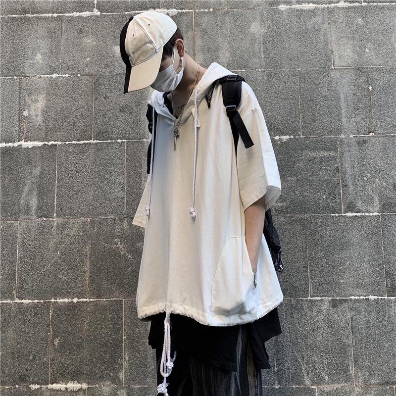 Dark Trendy Oversized Men's Hip-Hop Hooded Short-Sleeve Korean Style T-Shirt