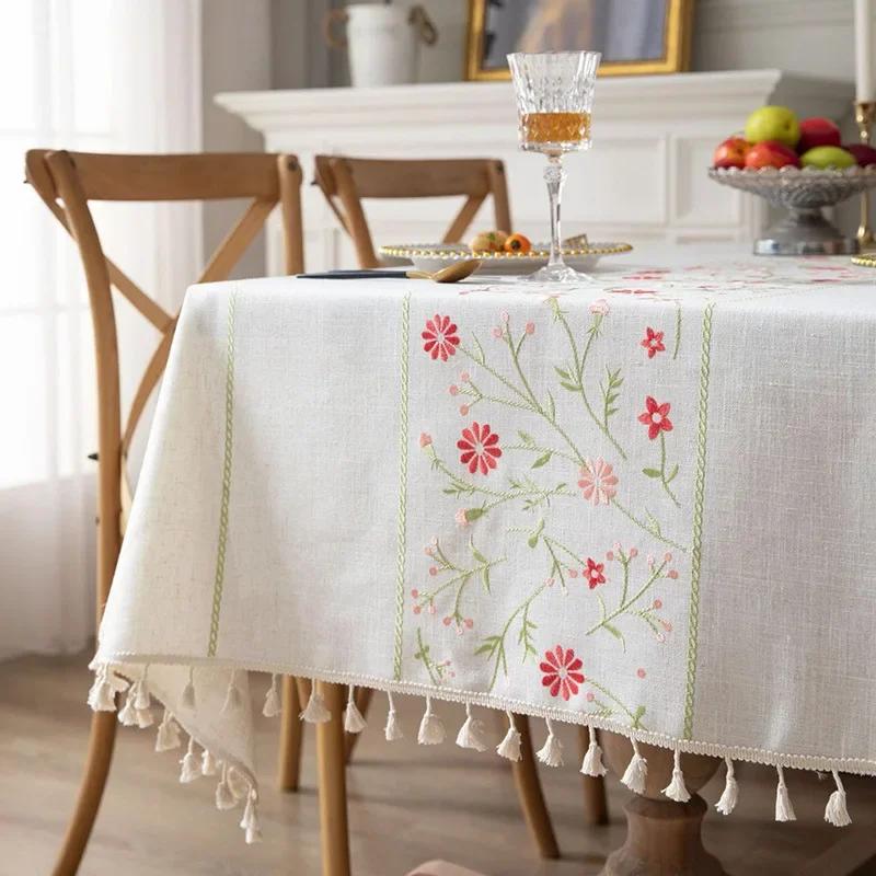 Embroidery Tablecloths Dust Proof Table Cover, Embroidery Flower Tassels Pattern Table Cloths,For Dinning Party Wedding Decor