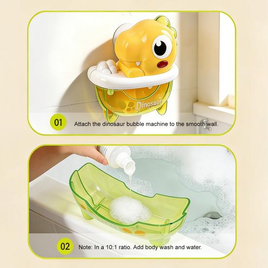Baby Bath Toys Dinosaur Bubble Machine with Music Powerful Suction Cup Stable Non-Falling Automatic Foaming Bubble Maker for Bathtub Kids Bath Fun Toy