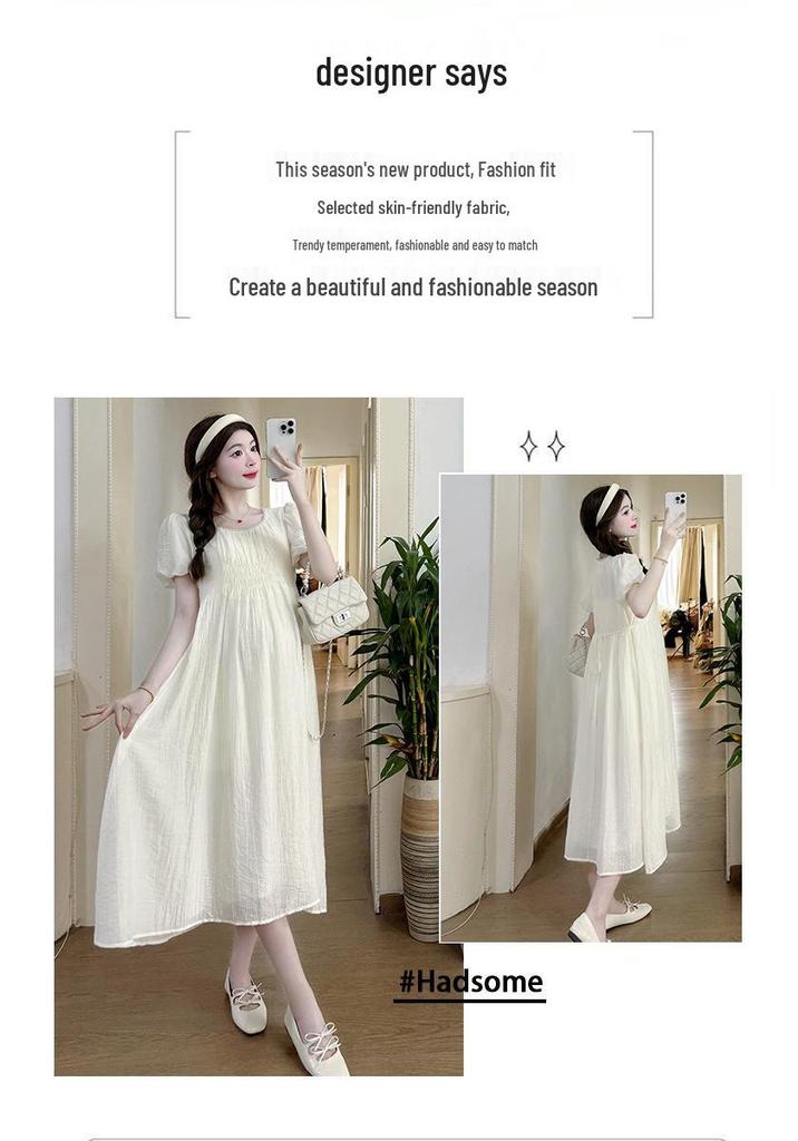 2026 Summer Sweet Puff Sleeve Maternity Dress - Slimming, Loose, and Belly Covering