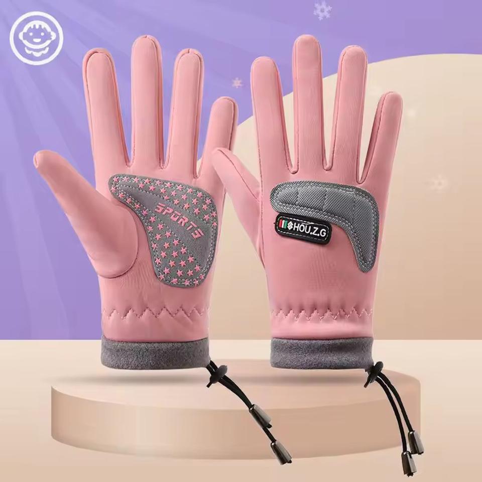 Children's Warm Cycling Gloves Boys and Girls Pull Rope Wrist Warmth Waterproof Anti Slip Outdoor Hiking and Playing Game Gloves