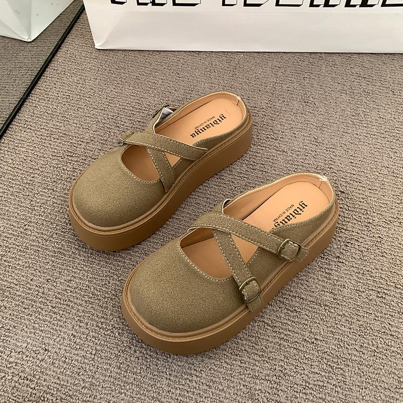 Women's Thick Bottom Baotou Slippers Spring New Round Head Shallow Mouth Belt Buckle Non-slip Flat Shoes