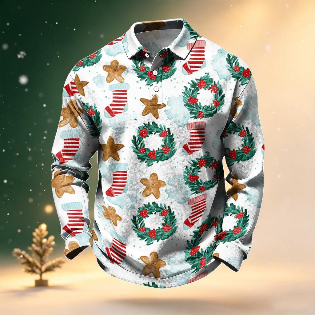 Men's Golf Shirt Long Sleeve Casual Christmas Print Quick-Dry Mesh Top