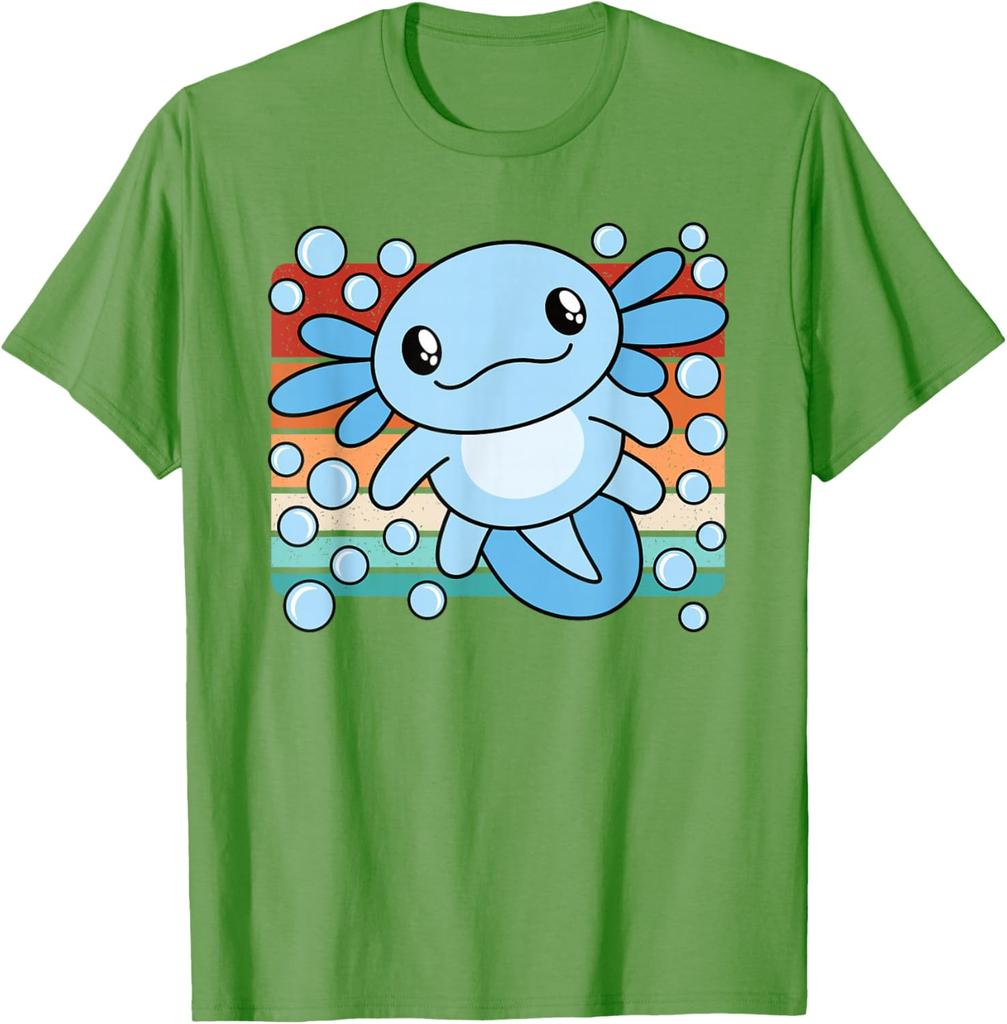 Niedlicher Axolotl Salamander Retro Sonnenuntergang Grafik T-Shirt Weiche Baumwolle Lässiges T-Shirt für Kinder