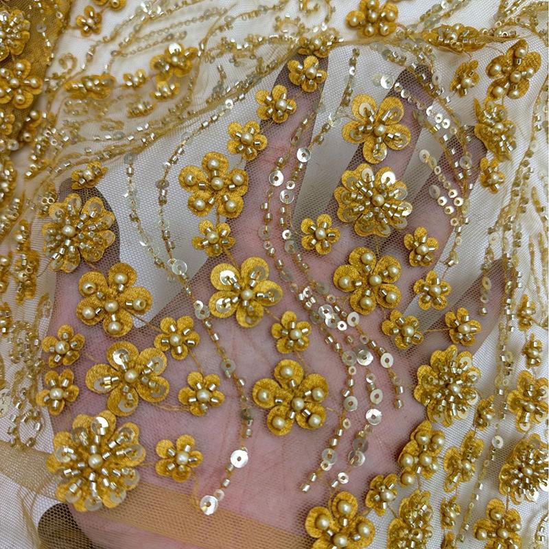 French Style Sequin Embroidered African Lace Fabric 1 Yard for Nigerian Wedding Dress Tulle Bridal Gown Diy