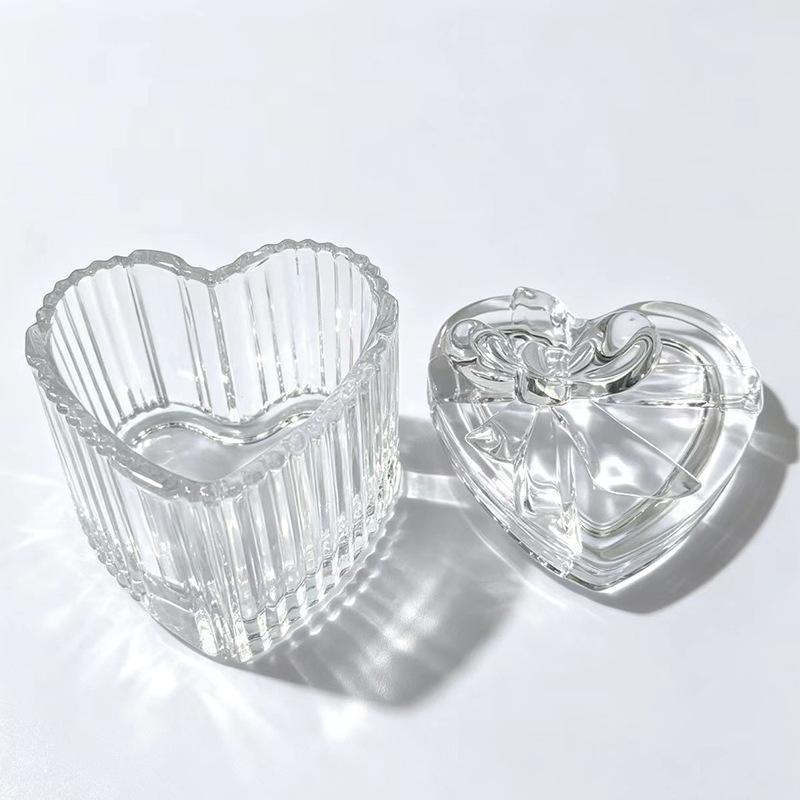 Clear Glass Heart Shaped Jewelry Storage Box Bow Knot Lid Ribbed Texture For Vanity Table Storing Earrings Rings