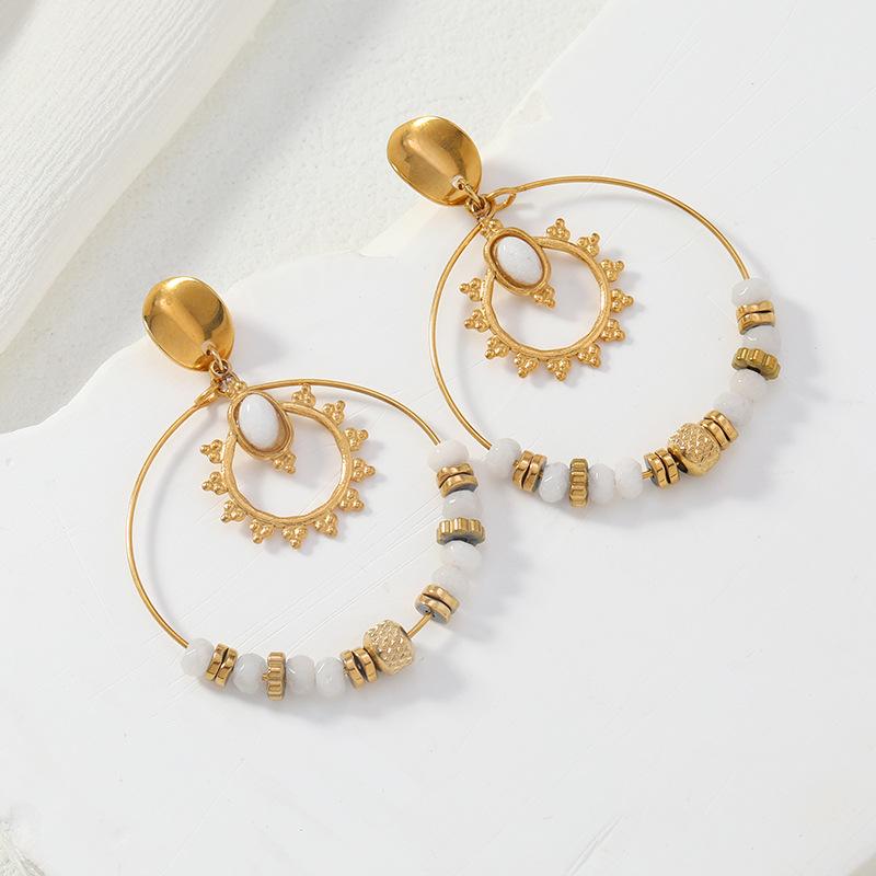 European Retro Gold-Plated Stainless Steel Earrings with Inlaid Natural Stone and Sun Pendant Design