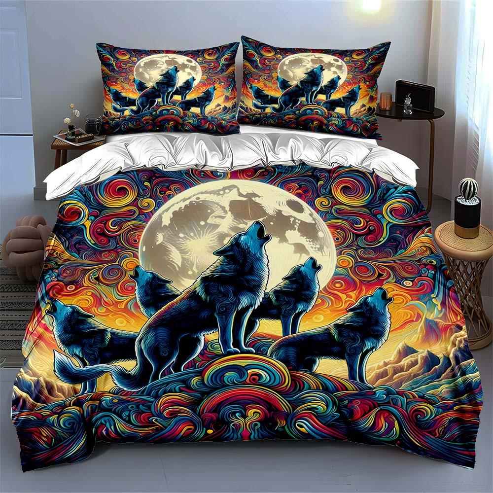 "Colorful wolf moon" Bedding Duvet cover sets Duvet covers Pillowcases gifts (1 * Duvet Cover 2 * Pillowcases, without duvet insert)