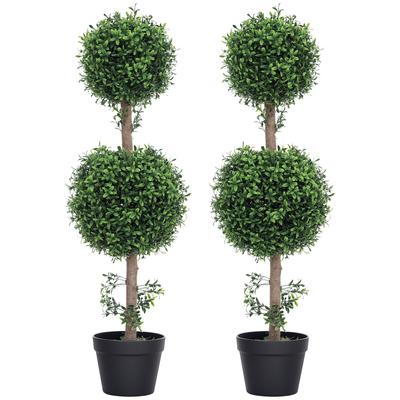 Set of 2 Artificial Plants, Artificial Boxwood Plants, UV-Protected, with Pot, Green