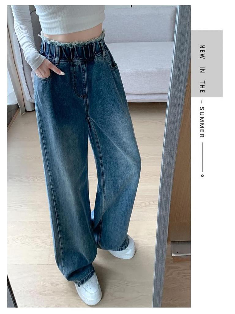 Women's Plus Size High Waist Fluffy Denim Jeans, Floor-Length, Wide Straight Leg, Loose Fit, Autumn/Winter, Slimming, Fits Up To 200 Jin