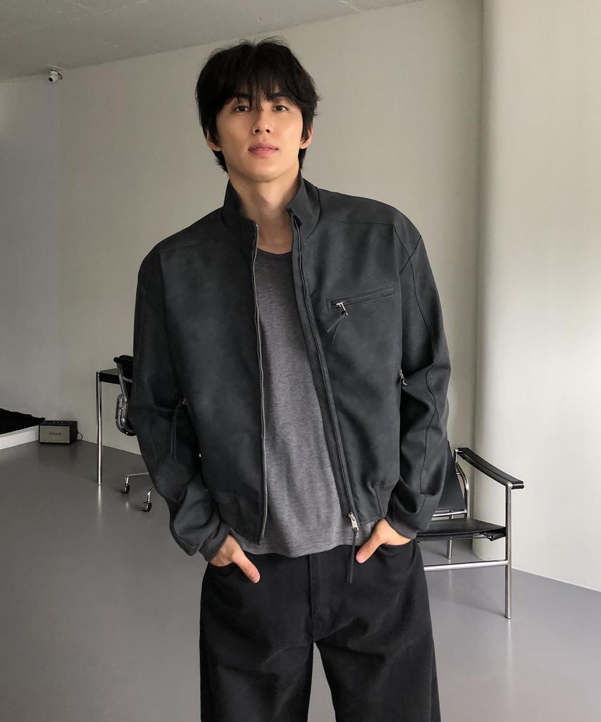 THEY Suede Leather Track Jacket_Charcoal Black