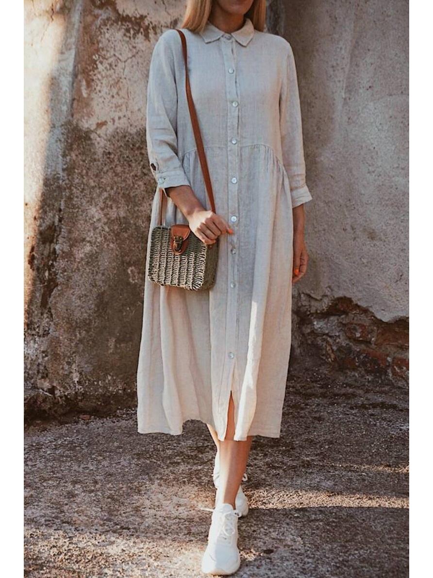 

2023 Хлопково-льняное однотонное платье с длинным рукавом и воротником-рубашкой L светло-серый