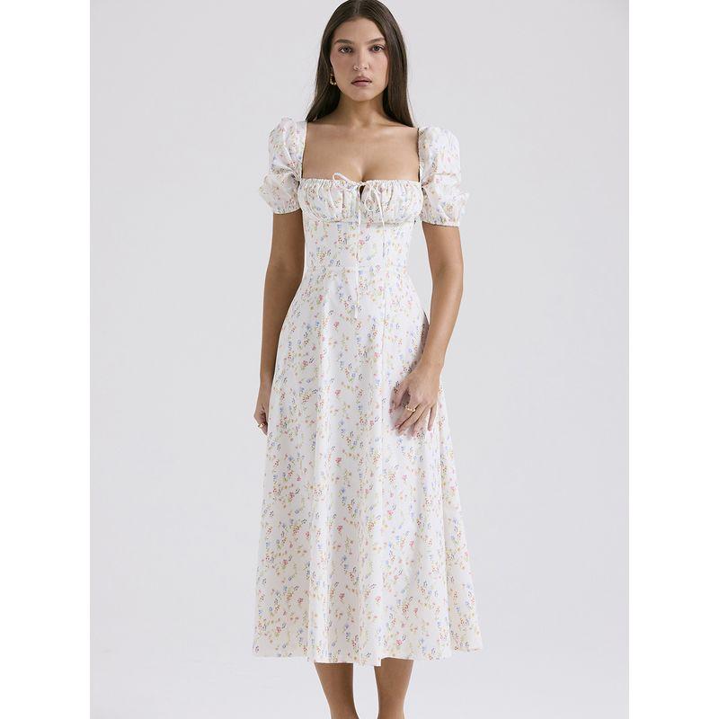 House Same Watercolor Garden French Sweet Floral Square Collar Puff Sleeves Waist Slimming Slit Dress