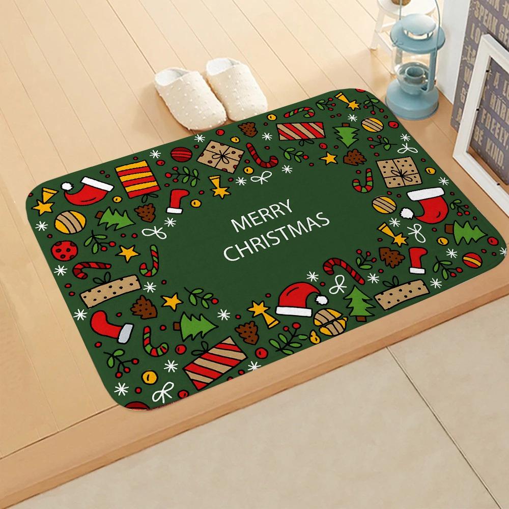 Christmas Themed Door Mat Santa Claus Snowman Gift Box Patterns Soft Non Slip Rug for Entryway Bathroom Xmas Decor