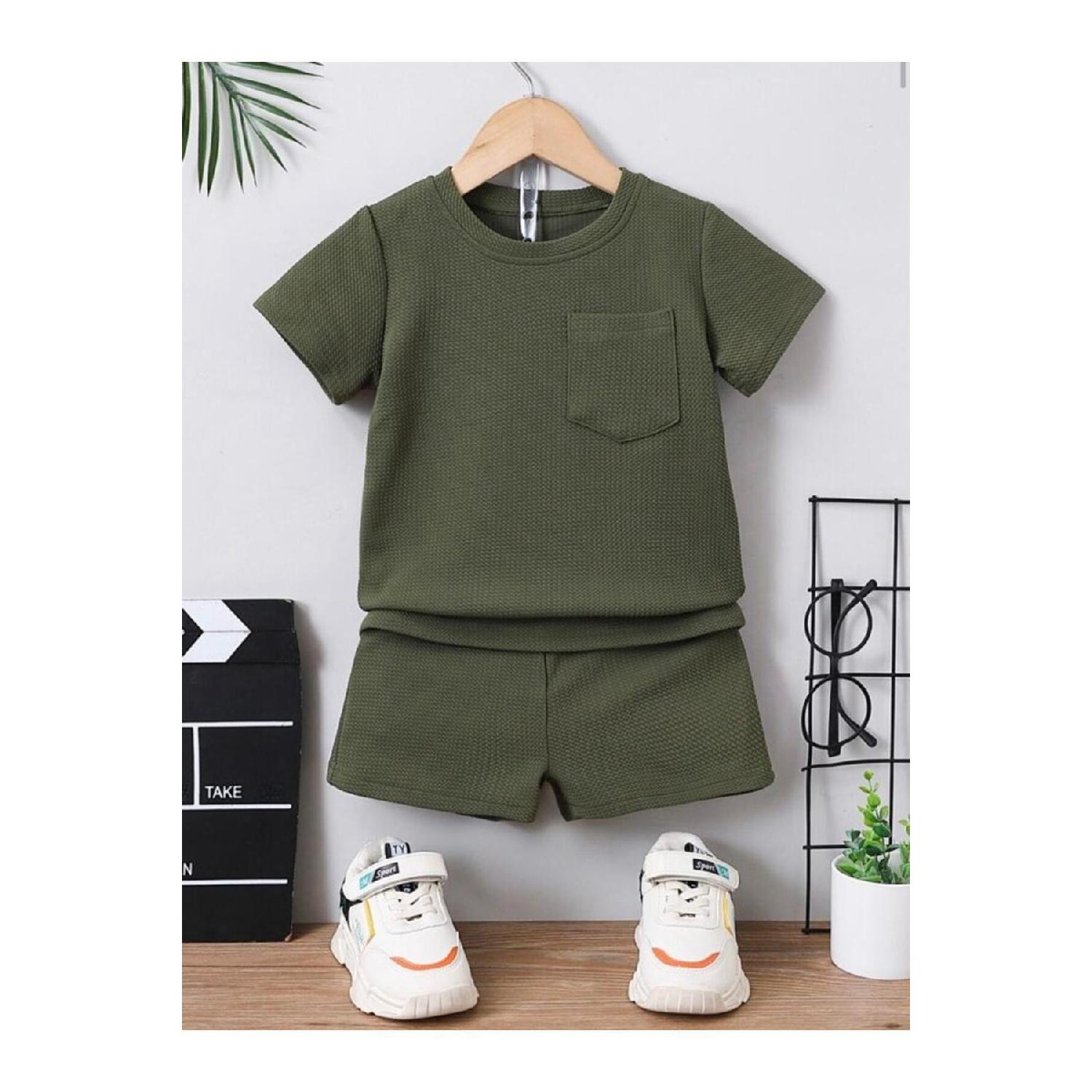 

Waffle Visual Pocket Detailed Cotton Summer Baby Kids Shorts Set-green 1 Yaş зелений