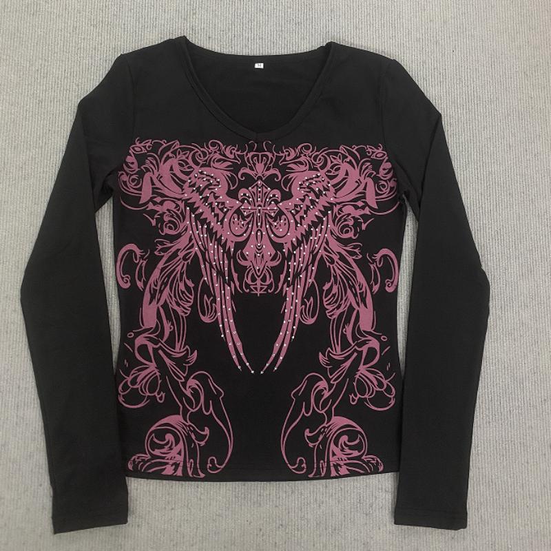 Y2K Spring and Autumn Printed Tight Fit Fit Top Round Neck Women's Wear