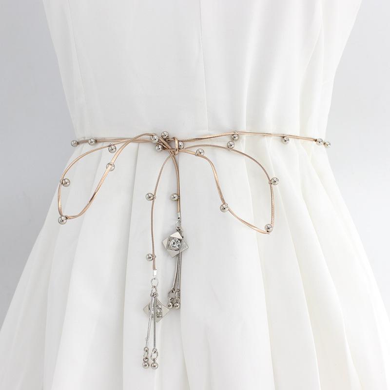 With Skirt Pu Knotted Waist Rope, Women'S Beaded Waist Chain, Dress Decorative Thin Belt.
