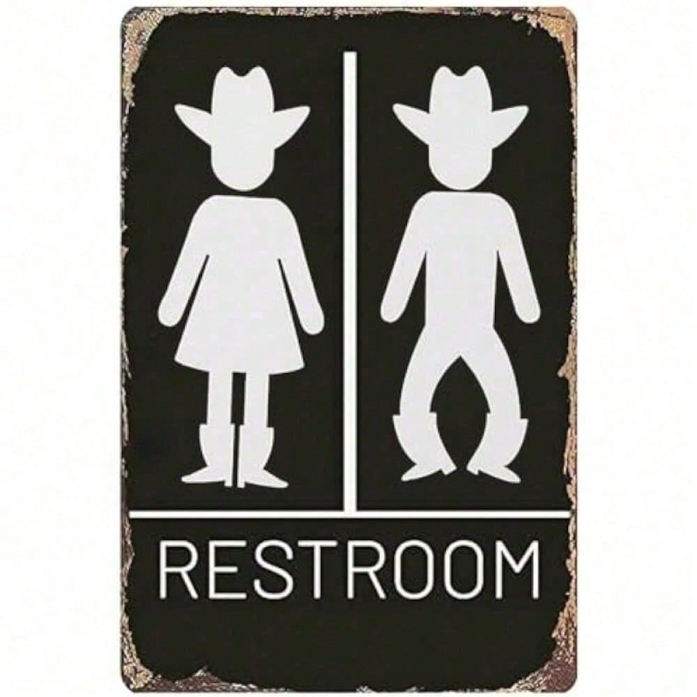 

Vintage Western Restroom Sign, 12x8 Inch Rustic Metal Wall Decor, Pre-Distressed Bathroom Wall Art with Cowboy & Cowgirl Design, різнокольоровий