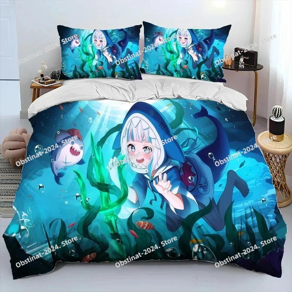 Cute Gawr Gura Hololive Anime Shark Comforter Bedding Set,Duvet Cover Bed Set Quilt Cover Pillowcase,king Queen Size Bedding New
