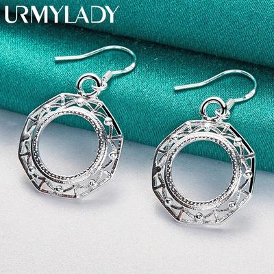 URMYLADY 925 Sterling Silver Octagon Round Earrings For Women Charm Wedding Party Fashion Jewelry
